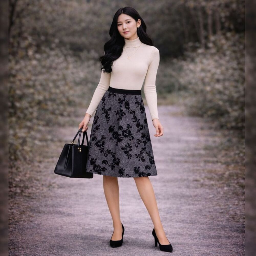 Ann Taylor Petite Floral Skirt Size 0 Black Gray Below Knee Romantic Chic